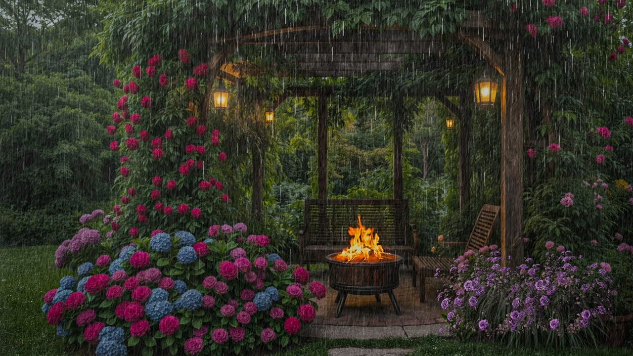 Rainy Day at a Spring Garden Porch🌧️🌿 | Fire & Rain Ambience for Study,Work,Relaxation & ASMR No ADS