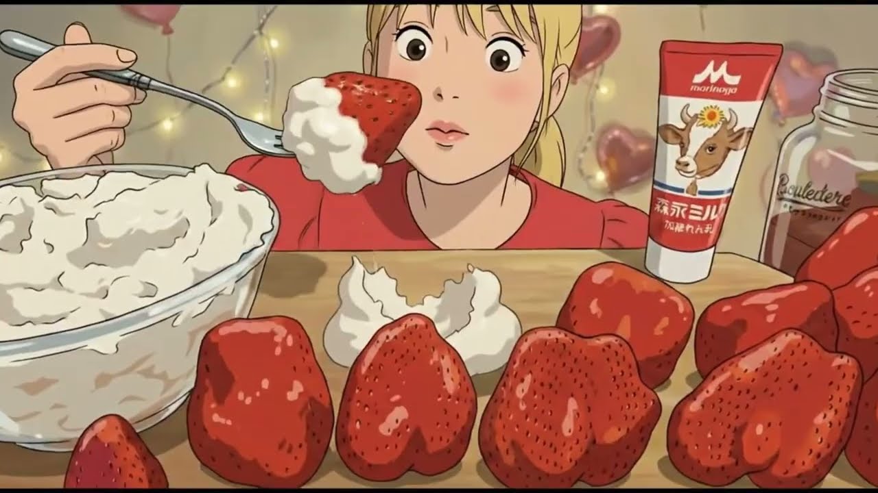 50 Big Strawberries vs. Whipped Cream 🍓🤍 | Anime Mukbang ASMR