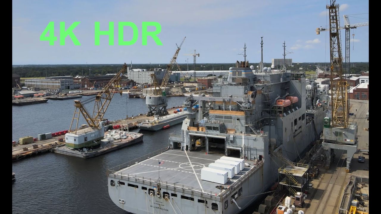 Flying by the Charleston Naval Base and Shipyard, 4K HDR