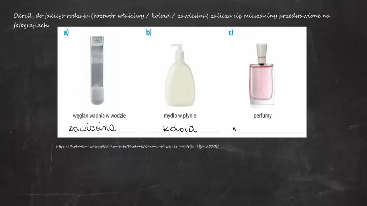 Określ, do jakiego rodzaju (roztw&oacute;r właściwy/koloid/zawiesina) zalicza się mieszaniny przedstawione