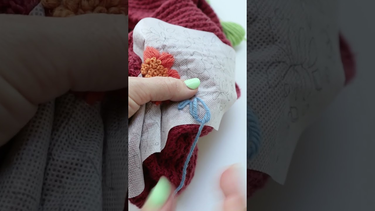 Yarn embroidery onto knitted sweater. How to embroider with wool onto clothing.