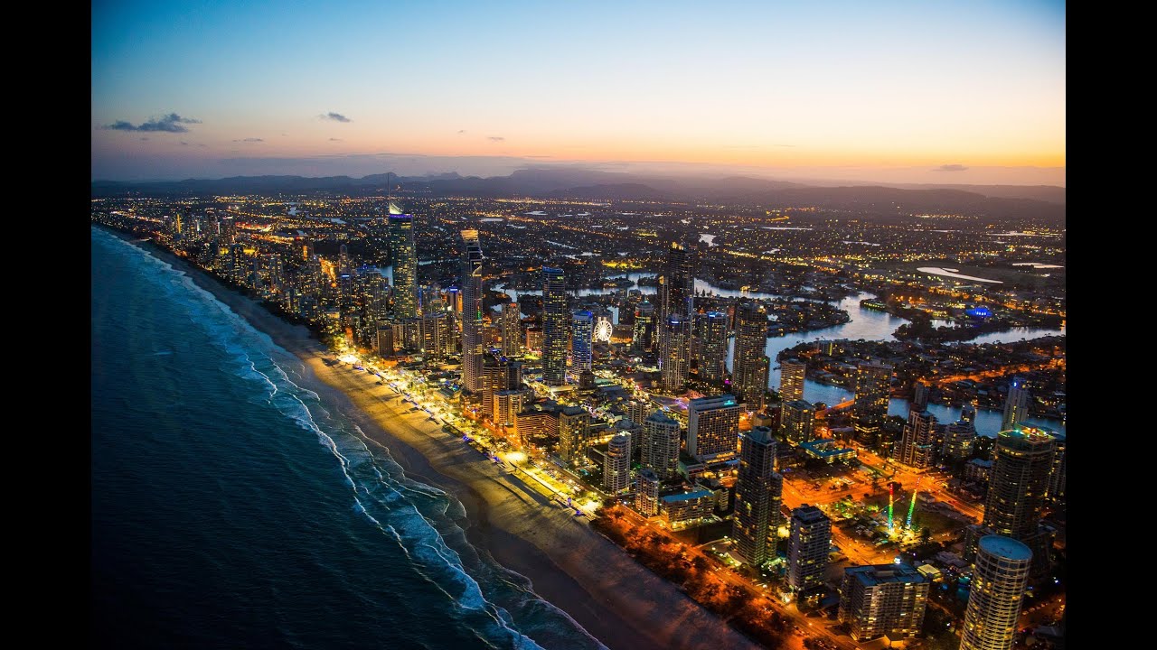 Night Aerial video of Surfers Paradise on the Gold Coast