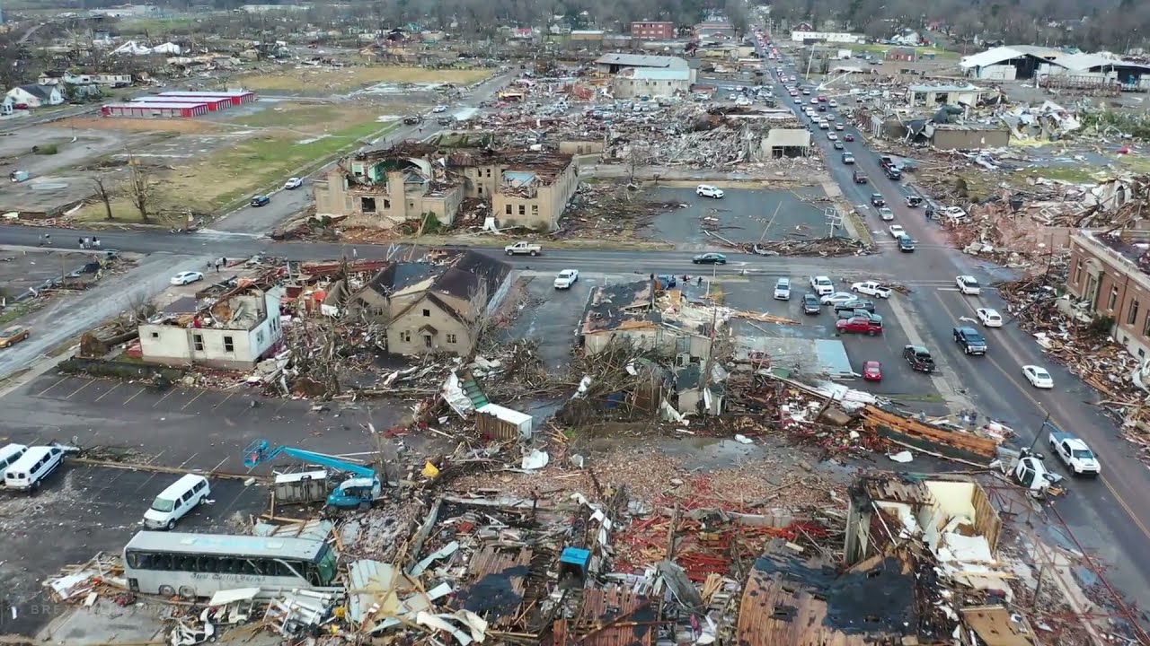 12-11-2021 Mayfield, KY - Incredible Damage - Homes Leveled - Water Tower Collapsed - Drone