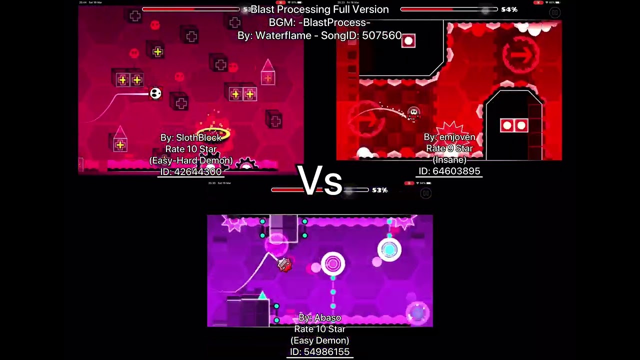Geometry Dash = Blast Processing Full Version (Comparison) (SlothBlock Vs emjoven Vs Abaso)