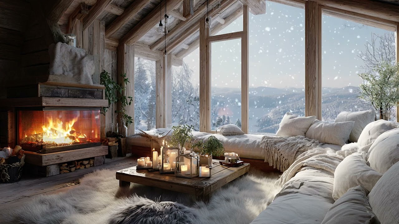 Warm Fireplace Piano | White Lounge Winter Snow · 3 Hours | Rest the Mind Focus Study Meditation