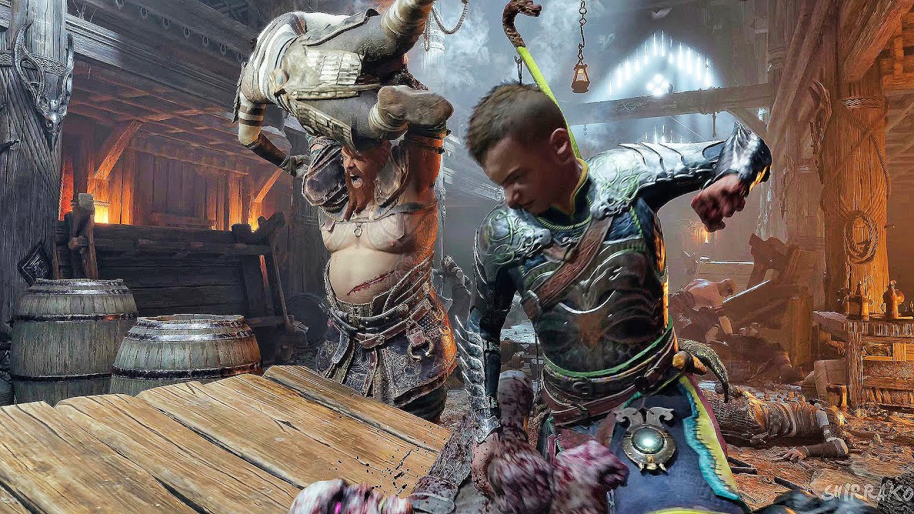 GOD OF WAR RAGNAROK Локи и пьяный Тор уничтожают паб Асгарда (4K 60FPS)