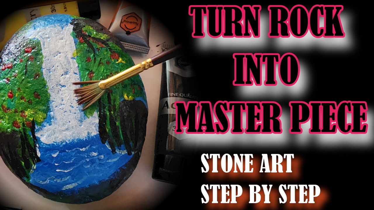 Waterfall Painting on Riverstone with Acrylic Paints | Relaxing Stone Art