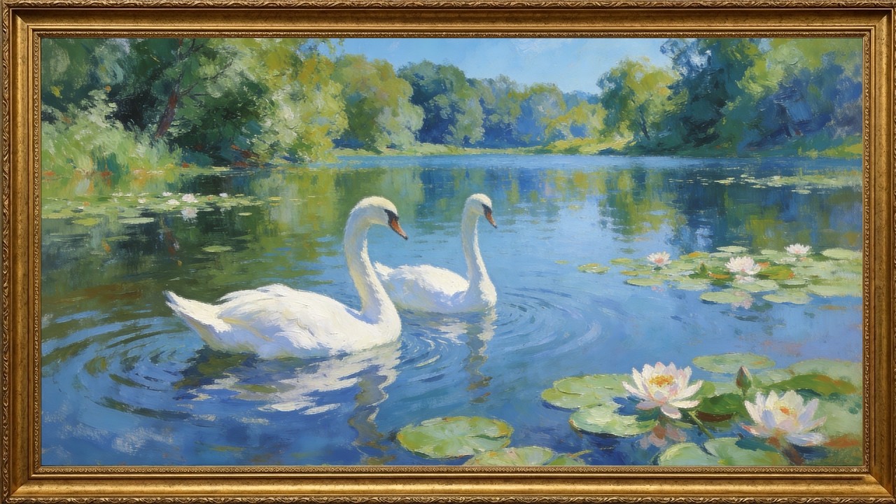 2 Hours Elegant Swans on Lake | Impressionist Oil Painting | 4K Frame TV Art & Bright Nature Relax