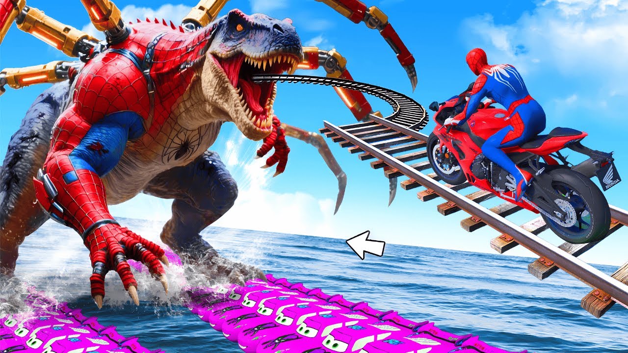 SPIDERMAN TAKES ON Dinosaurs in CRAZY Spiral Bridge Stunt with SUPERHEROES in GTA 5
