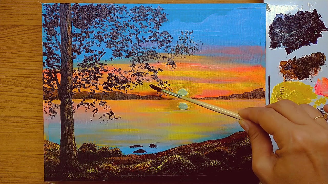 Pintura Acrílica Por do Sol em Tela...Demo p/ Iniciante/ Inspire-se/ 201