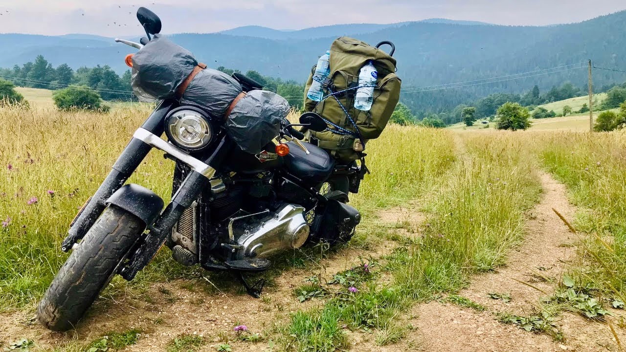 A trip to Montenegro with a Harley Softail Slim, camping with a tent and off-roading in wild Balkans