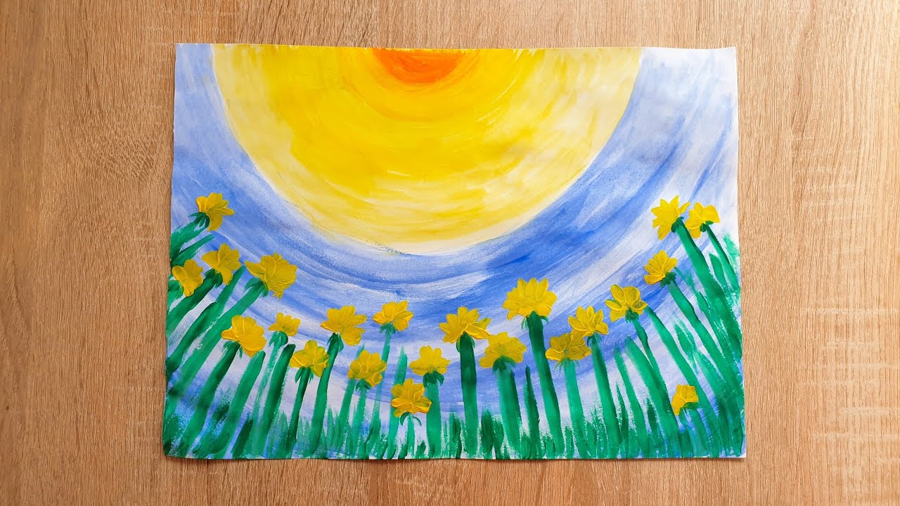 Малювання квітів кульбаби фарбами 🎨 Весняний пейзаж гуашью 🌼