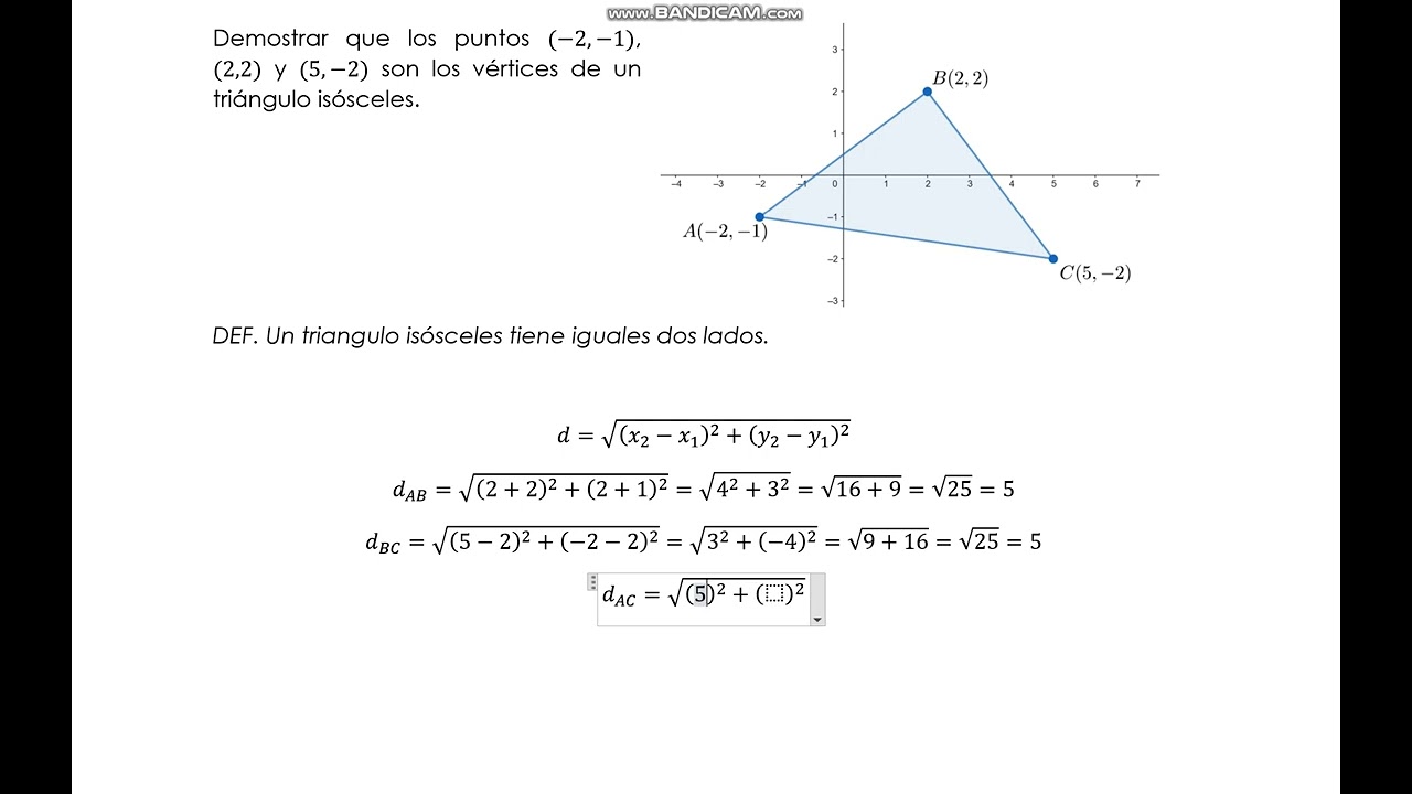 Demostrar que los puntos (-2,-1), (2,2) y (5,-2) son los vértices de un triángulo isósceles.