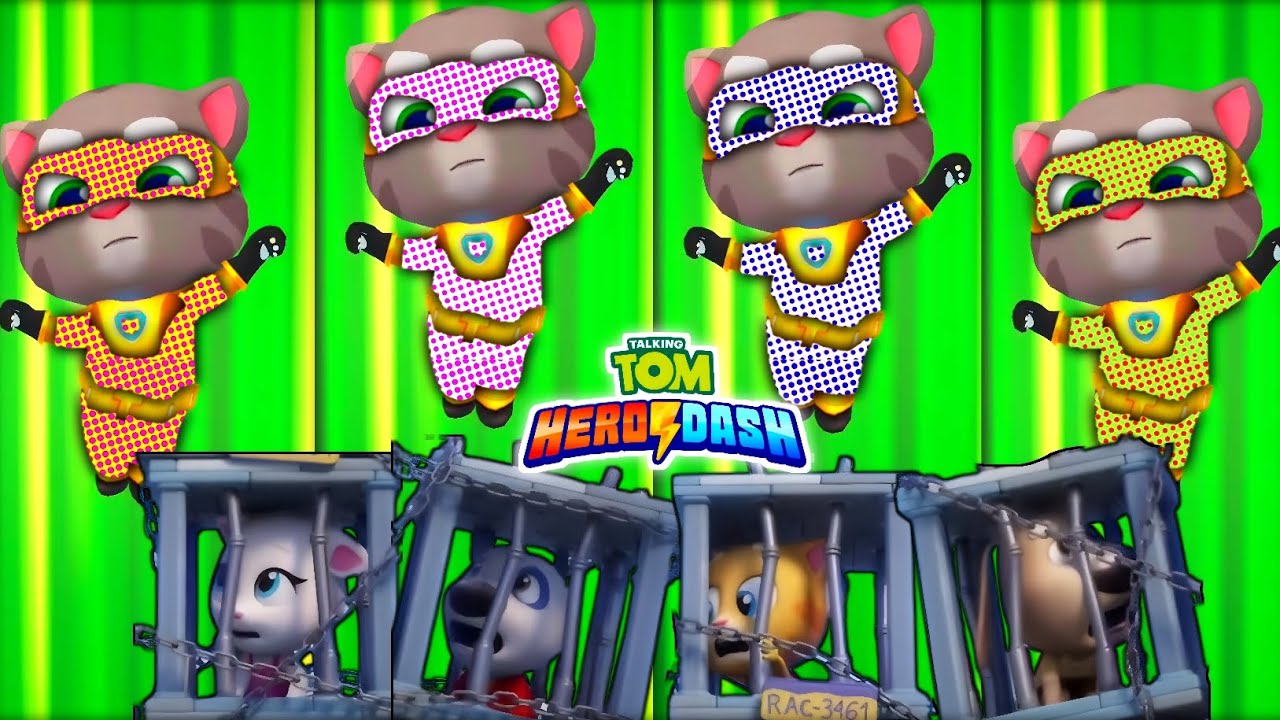 Talking Tom Hero Dash - 4 Hero Tom Dotted Colour Suit And Fights With 4 World Boss Master Raccoons 