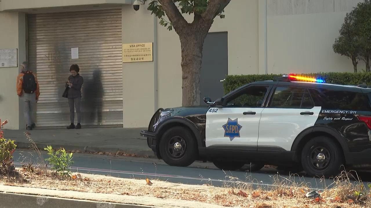 Scene outside Chinese consulate in SF day after car rammed building, police shot driver