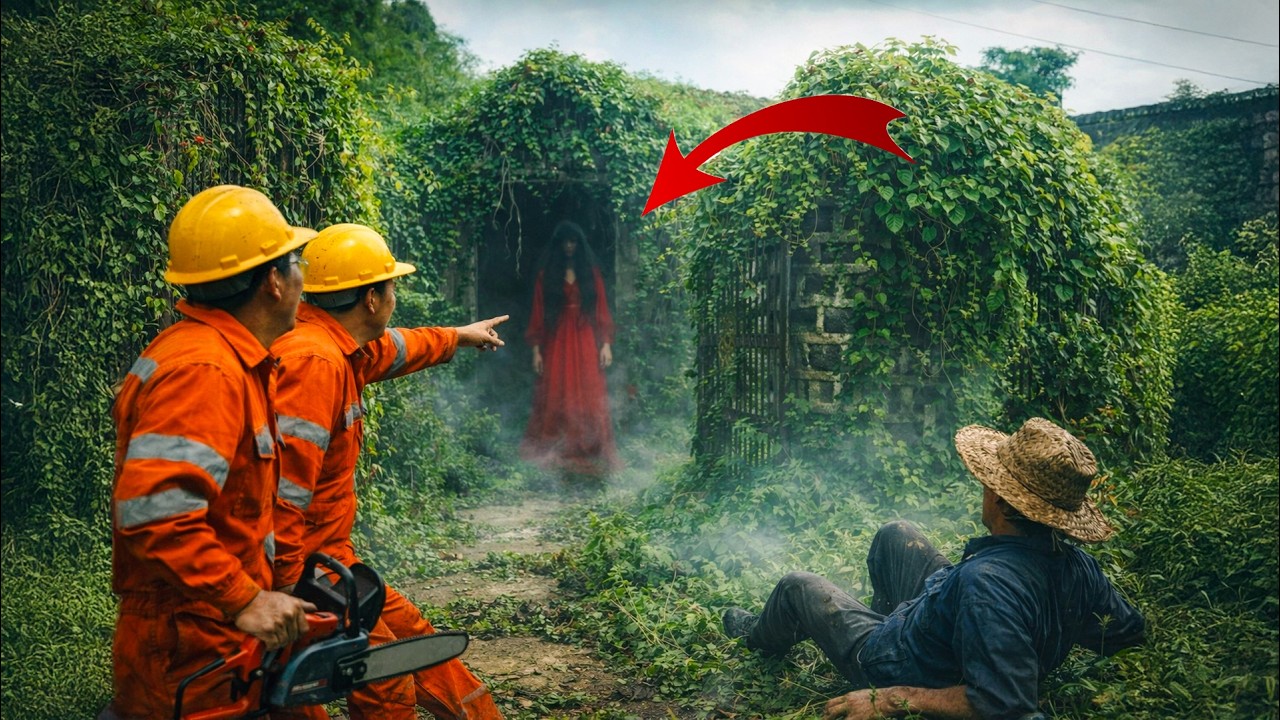 Time-Lapse: Cutting Through an Overgrown Abandoned House — A Mysterious Woman in Red Appears! 👻