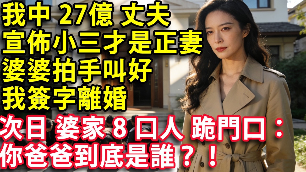 我中27億彩票那天 丈夫宣佈小三才是正妻  要我淨身出戶  婆婆拍手叫好   我爽快簽字離婚  次日 婆家8口人 跪在門口：你爸爸到底是誰？！#心聲故事會 #情感 #婚姻 #老年生活