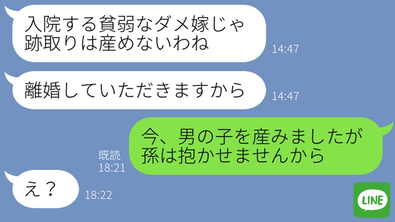 【LINE】嫁いびりを楽しむ姑が緊急入院した嫁に「貧弱な嫁はいらない！離婚だ！」→実は孫を産んだと知って手のひら返しする義母を撃退www