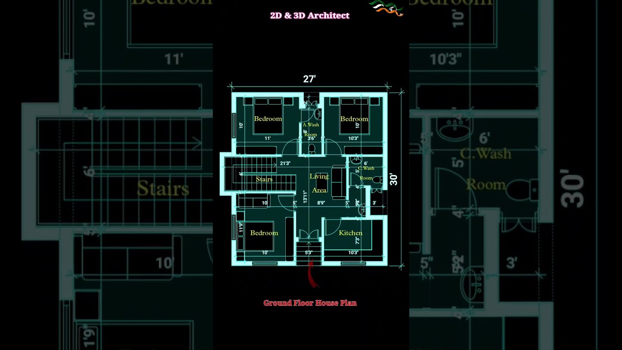 27&times;30 House Plan | 27&times;30 House Design | 3BHK House Plan | #floorplan #houseplan #housedesign #shorts