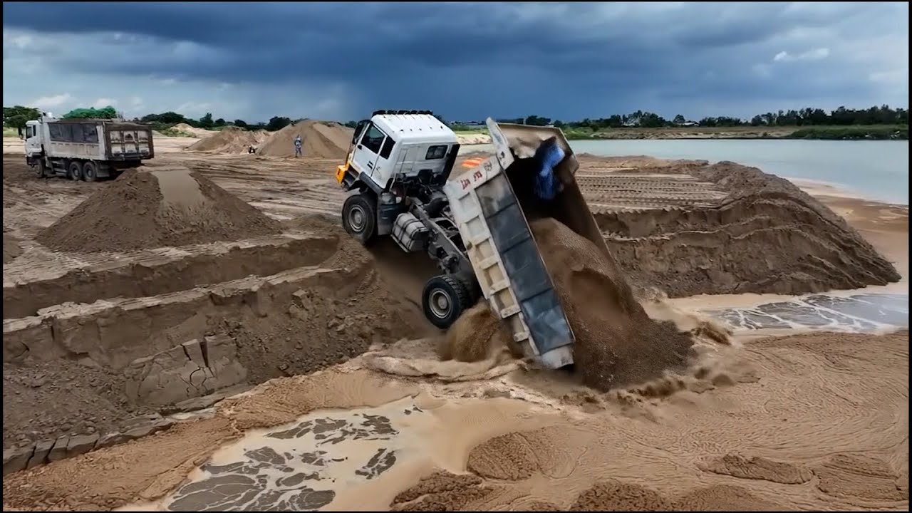 Massive SandSlide to Sand Pond ! SHACMAN Truck Unloading with Bulldozer SHANTUI PUSHING SAND TO POND