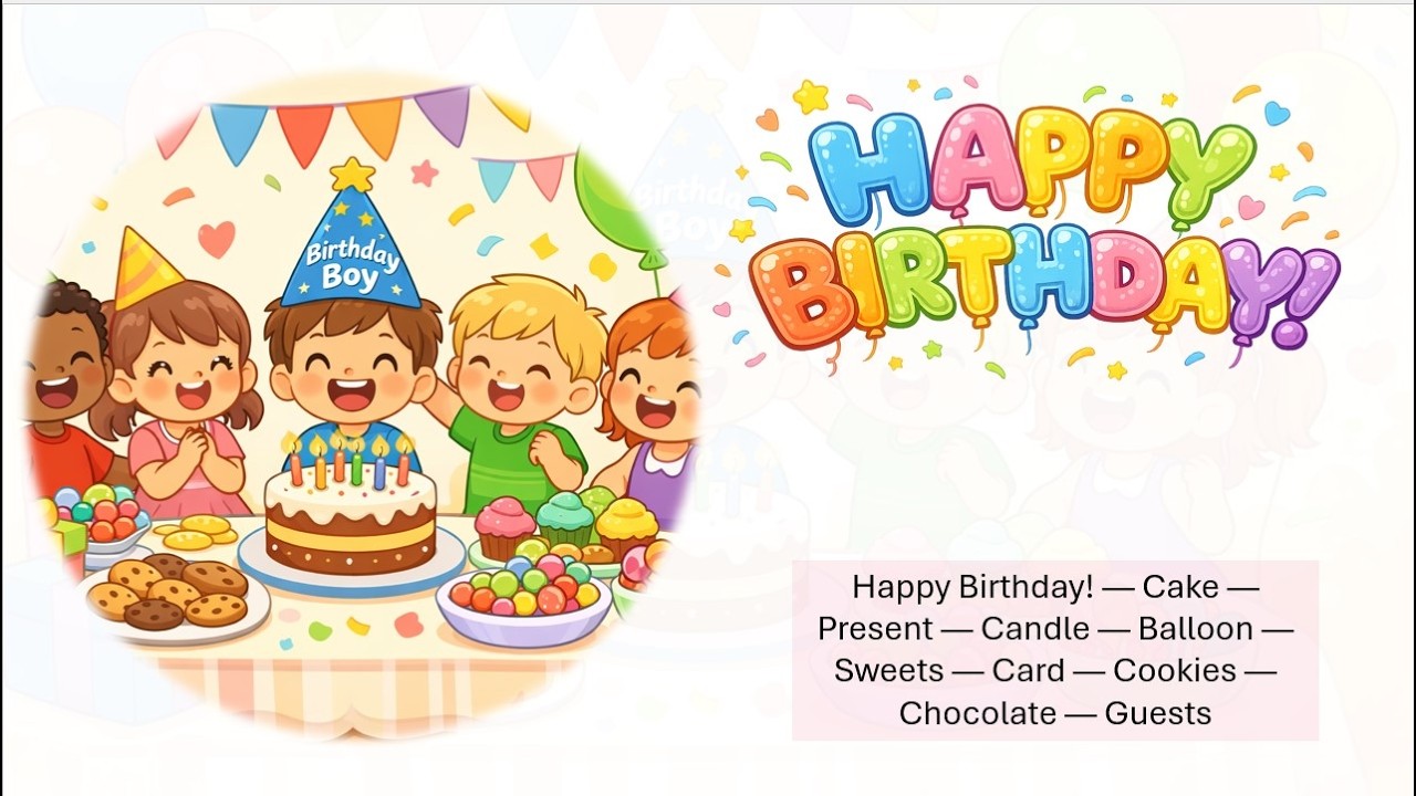 A1 ESL | Happy Birthday - Classroom Vocabulary Lesson (Quiz + Listening) | #VF52