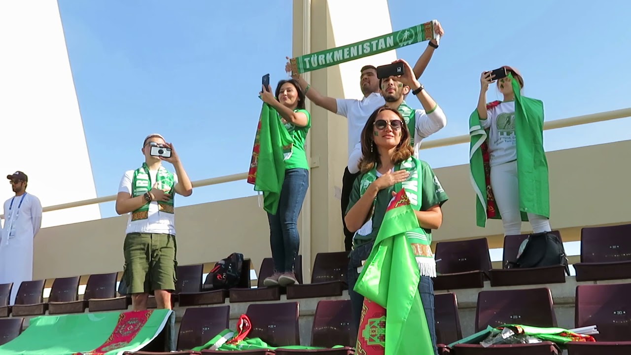 Supporters of Turkmenistan are singing the national anthem at the AFC Asian Cup UAE 2019