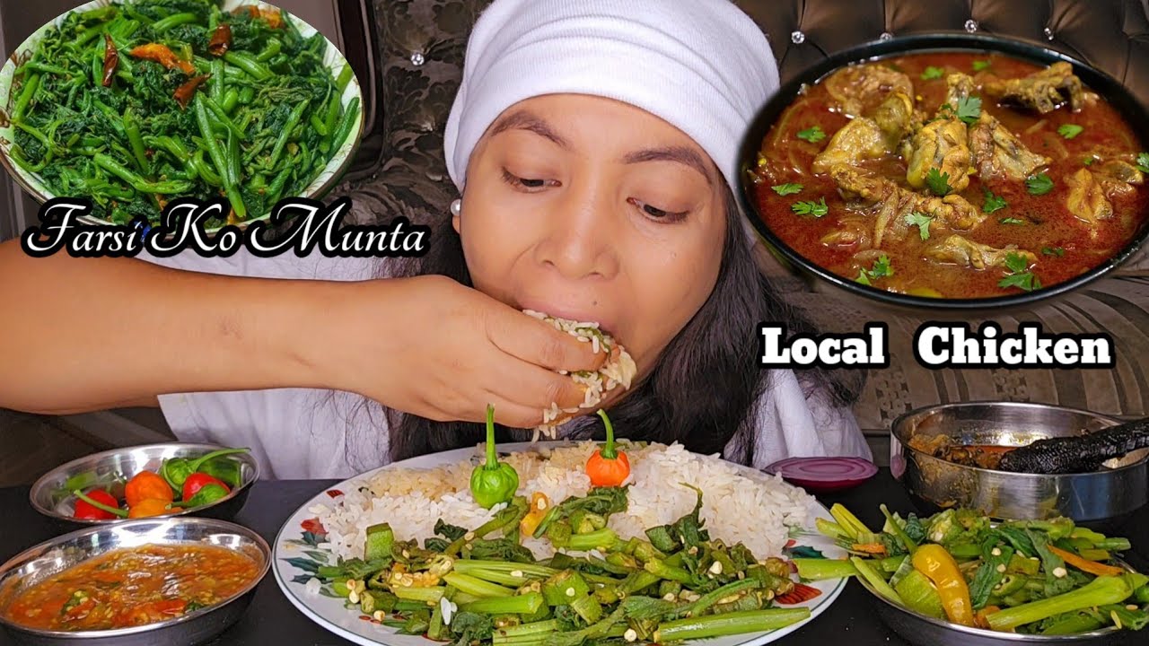 Nepali Mukbang Masu Bhat/Local Kukhura Ko Masu ko Jhol/Organic Farsi Ko Munta Afno Bariko/Chicken.