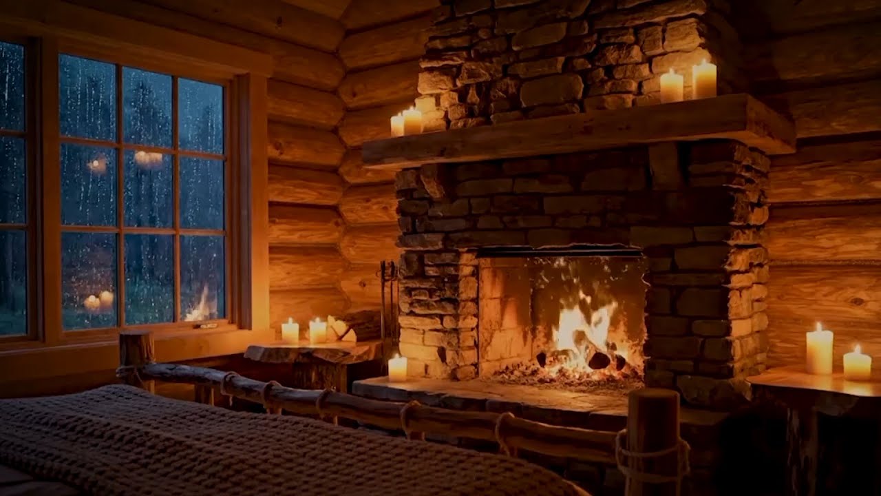 Cozy Cabin Fireplace Ambience 🌧️🔥 | Rainy Night for Deep Sleep & Relax | Extended Version