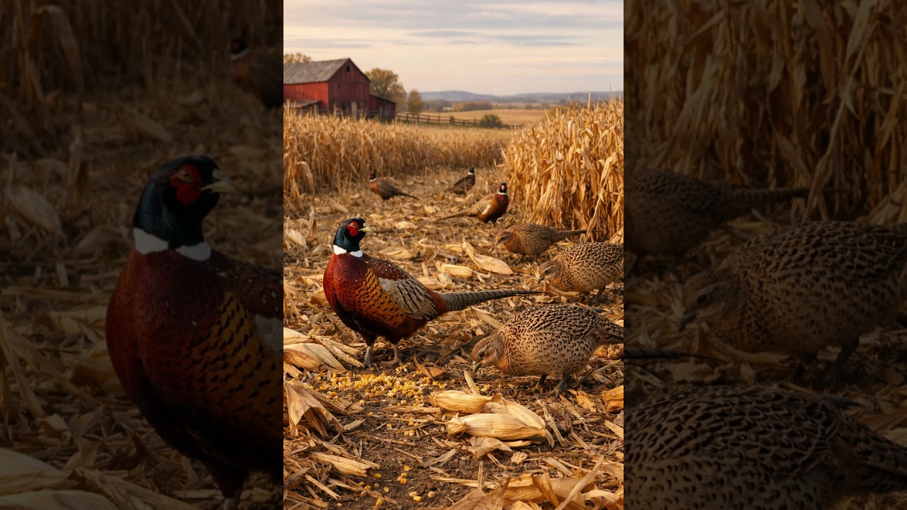 Pheasants in the Corn Rows   Rustic Farm Scene with Barn Backdrop