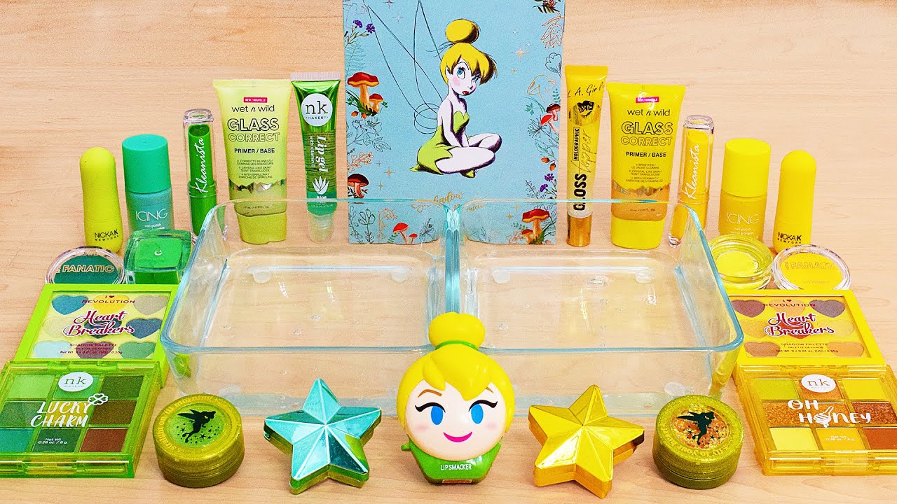 Tinkerbell - Green vs Yellow - Mixing Makeup Eyeshadow Into Slime ASMR