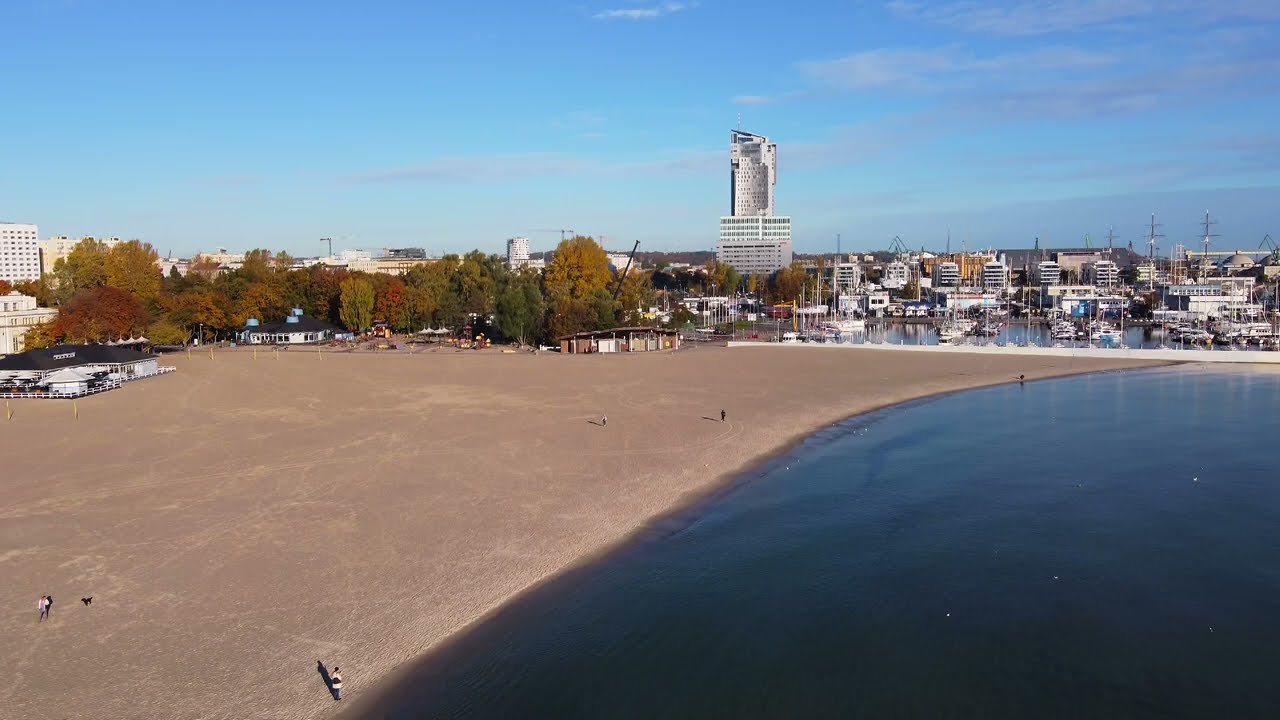 Footage video Drone view Gdynia autumn port yacht club pier mooring for ships