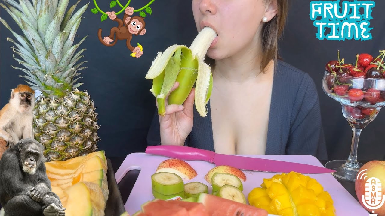 ASMR FRUIT TIME MUKBANG, BANANA, CHOPPING FRUITS, DROPPING KNIFE IN END (no talking)
