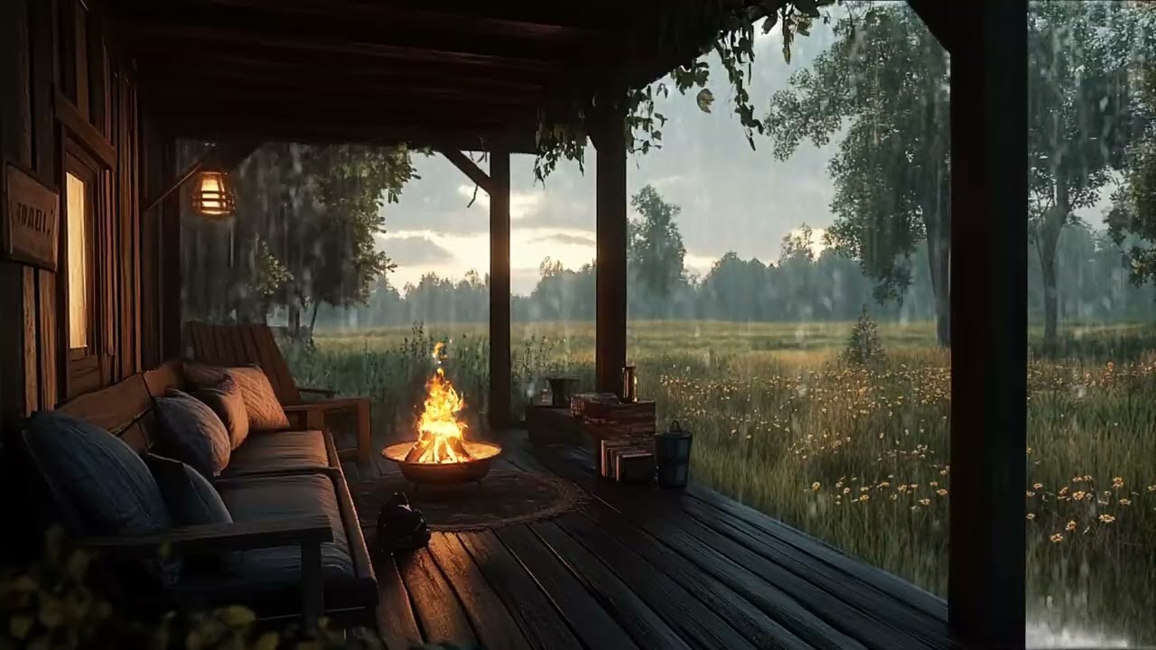 Gentle Rain and Crackling Fire in a Porch for Deep Sleep and Relaxation