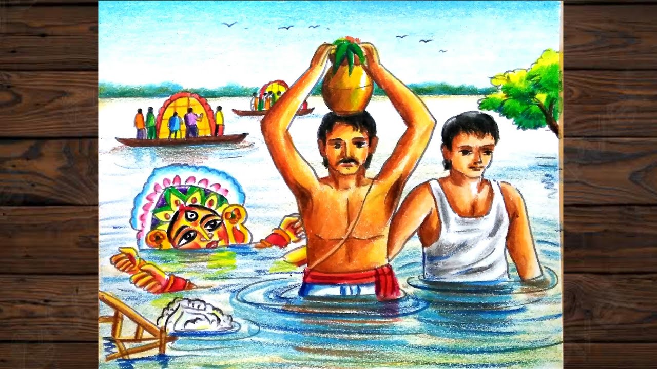 Durga maa bisorjon drawing step by step/Bisorjon scenery drawing with oil pastel