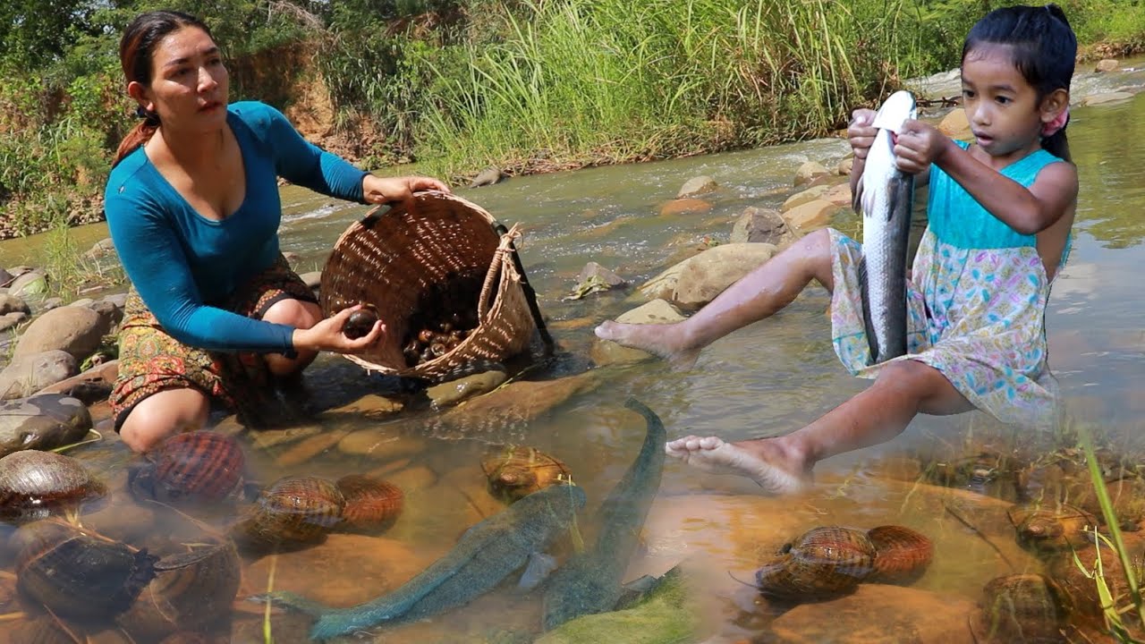 Top survival skills- Catch fish & snail- Steamed snail with salt and grilled fish for dinner
