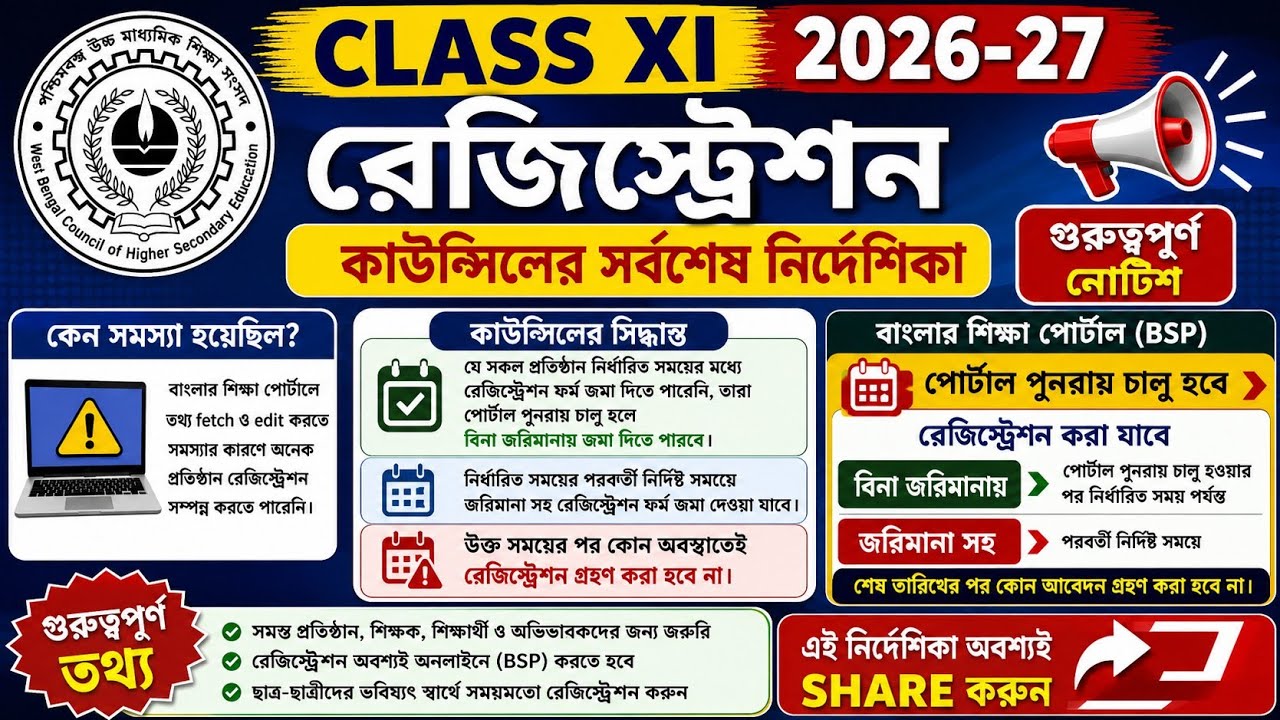 XI Registration Form Fill Up Latest News | Banglar Siksha Portal Reopening | Registration Last Date