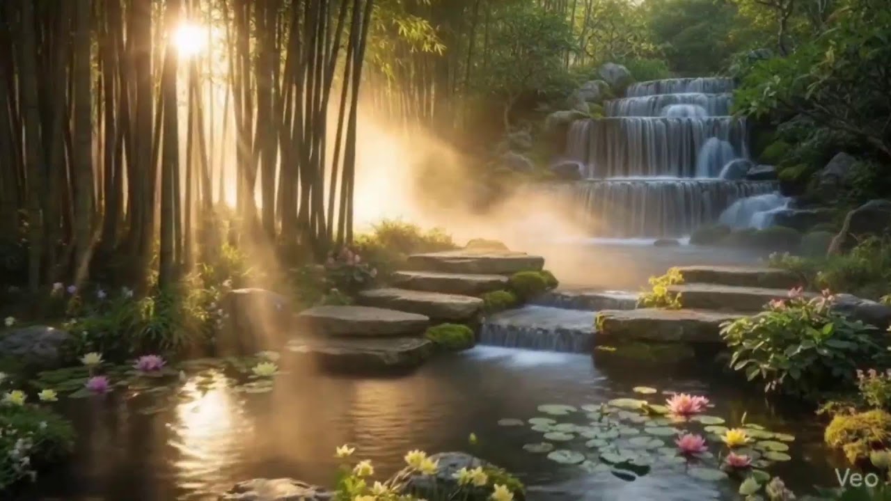 Waterfall Sleep in Bamboo Garden 🌙🌿 Deep Relaxing Nature Sounds for Peaceful Night