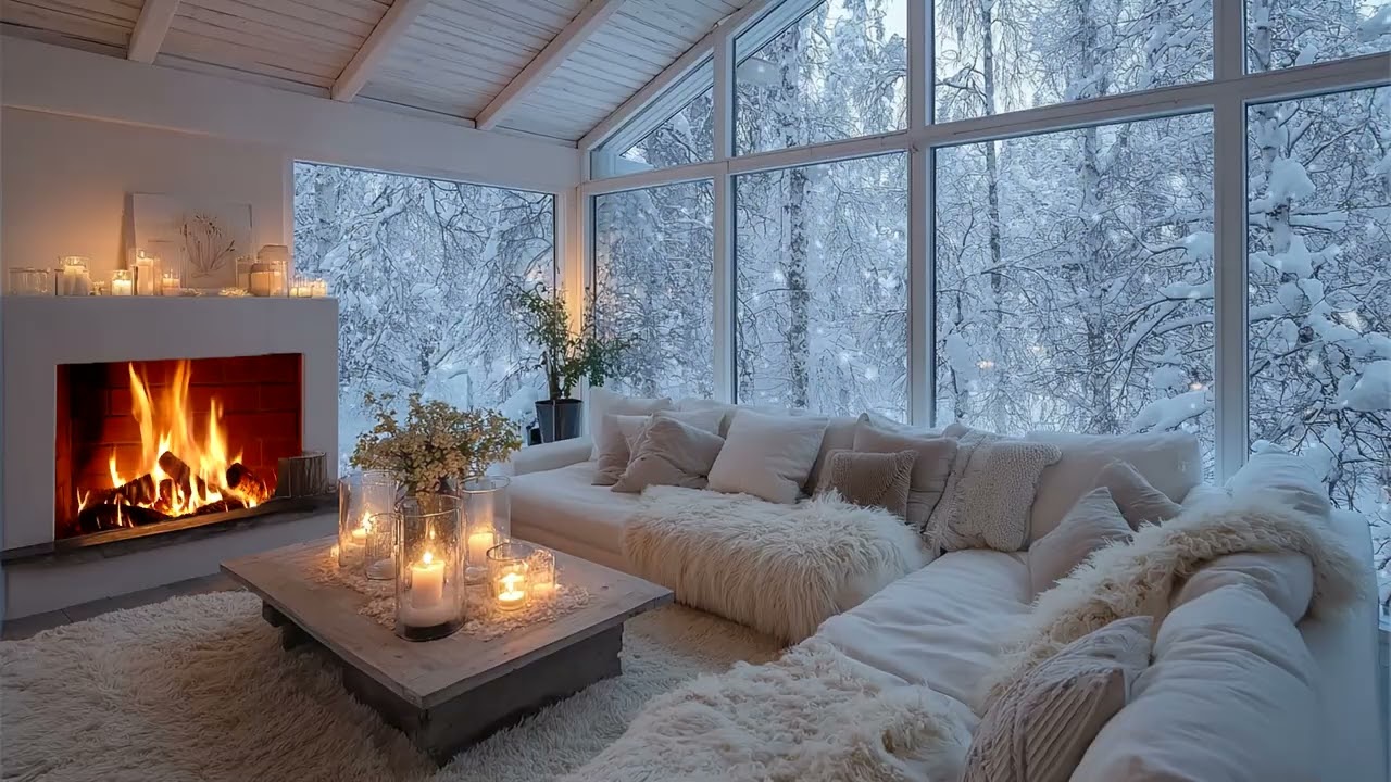 🔥🎹 Cozy Winter White Piano Lounge with Warm Fire and Floral Accents for 3 Hours of Calm