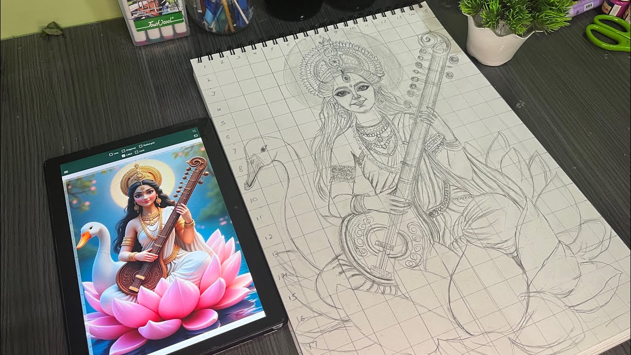 How to draw saraswati maa step by step🥰#viralvideo #youtubevideo #maasaraswati #artwork #viral #art 