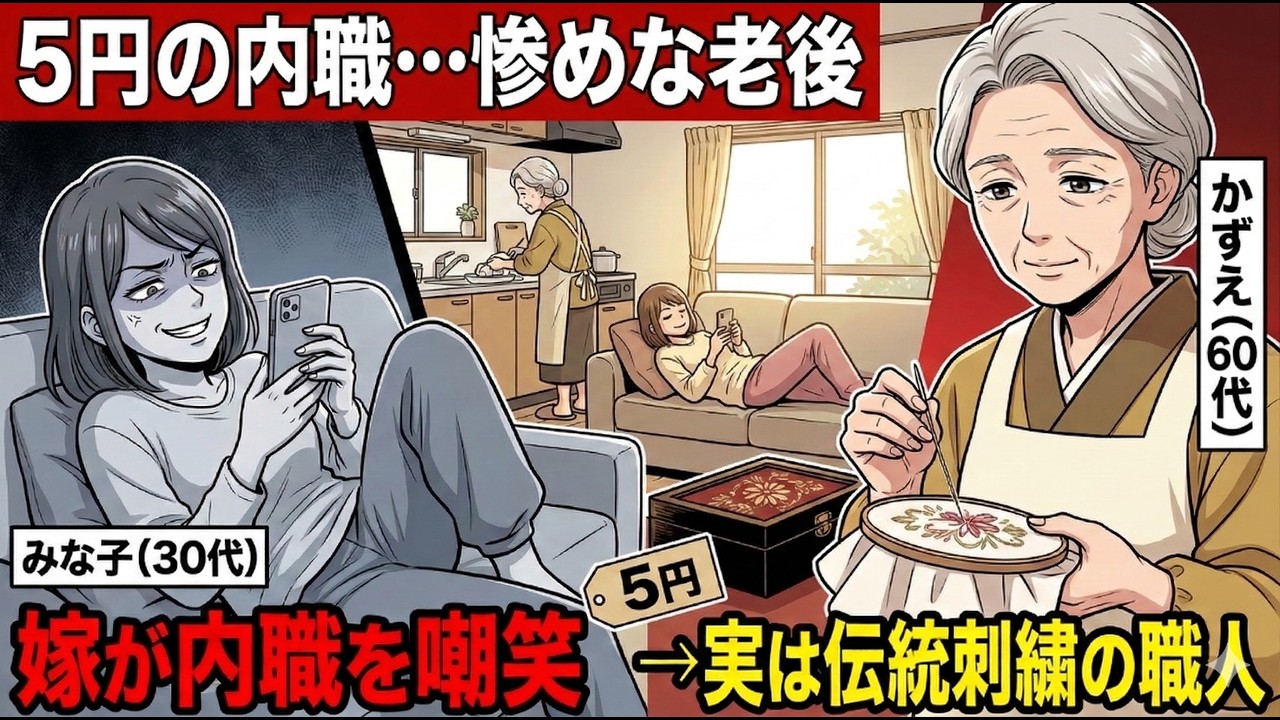 朗読「Episode 1」:5円の内職【全6話第1話】：嫁「5円の内職ｗ惨めな老後ね」追い出された義母の刺繍→実は百貨店に並ぶ伝統工芸ブランドの職人だった→嫁が震えた理由