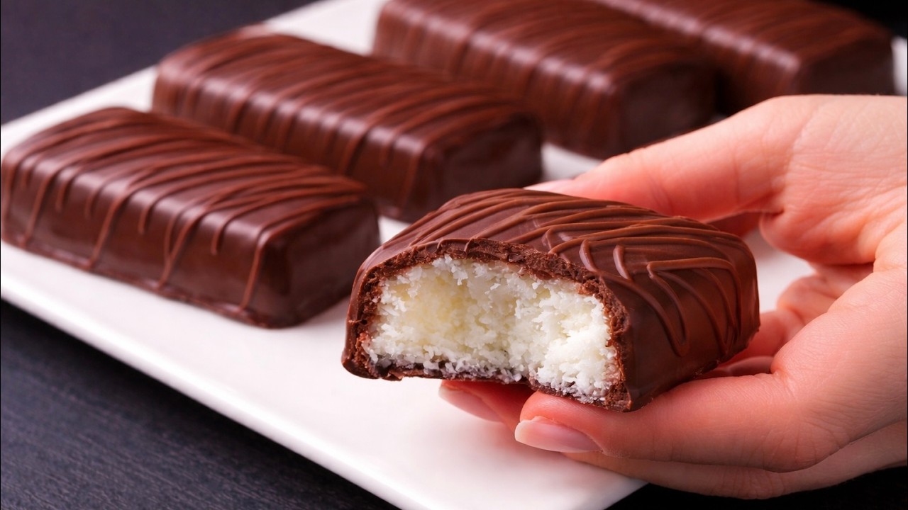 Homemade bounty bars in 10 Minutes! So Easy a Kid Can Make Them! Just 3 ingredients.