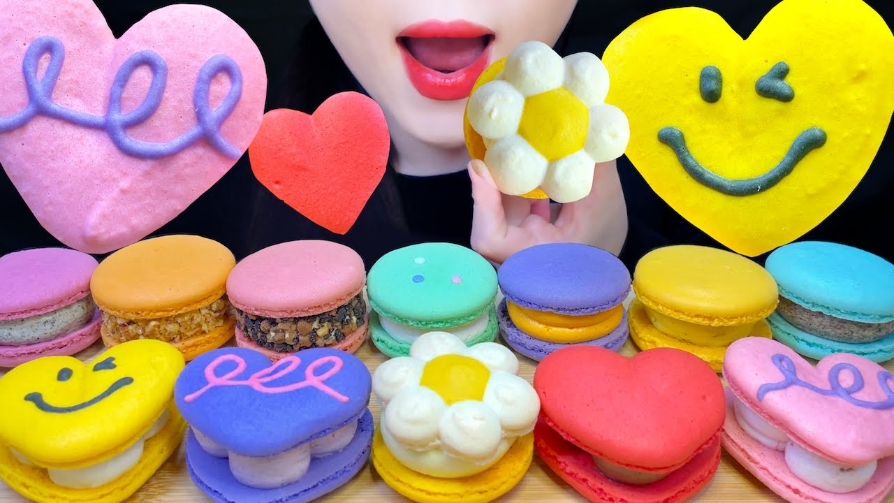 ASMR RAINBOW MACARON EATING SOUNDS MUKBANG, 알록달록 무지개 마카롱 먹방🌈💖