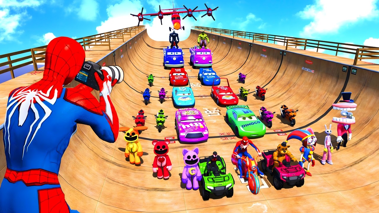 Spider-Man & Poppy Playtime, Pokemon Epic Fall From Sky Loop! The Most Epic GTA V New Stunt Race!