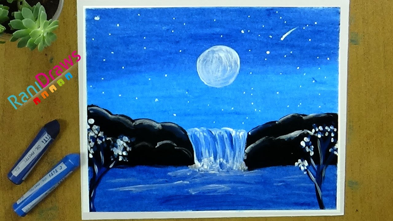 PAISAJE NOCTURNO DE CASCADA con ÓLEO PASTEL - paso a paso