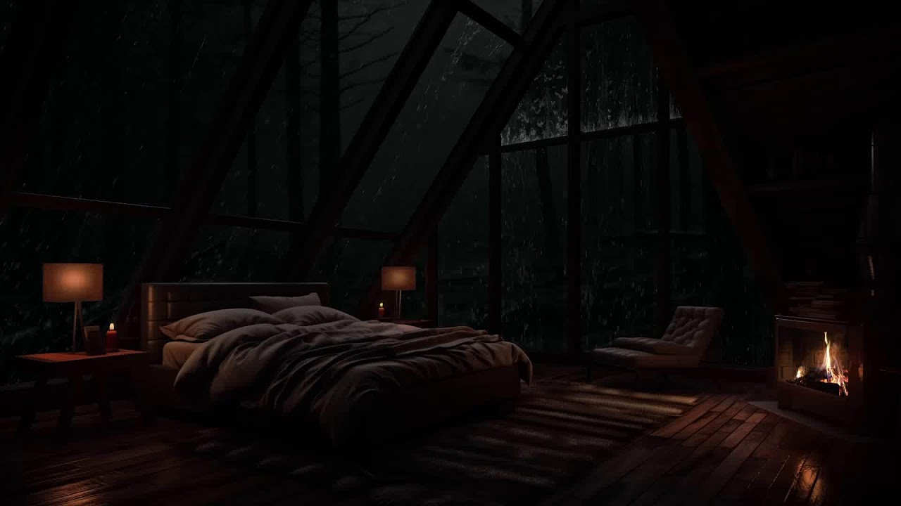 Listening to the rain outside a warm, secluded cabin surrounded by trees at night