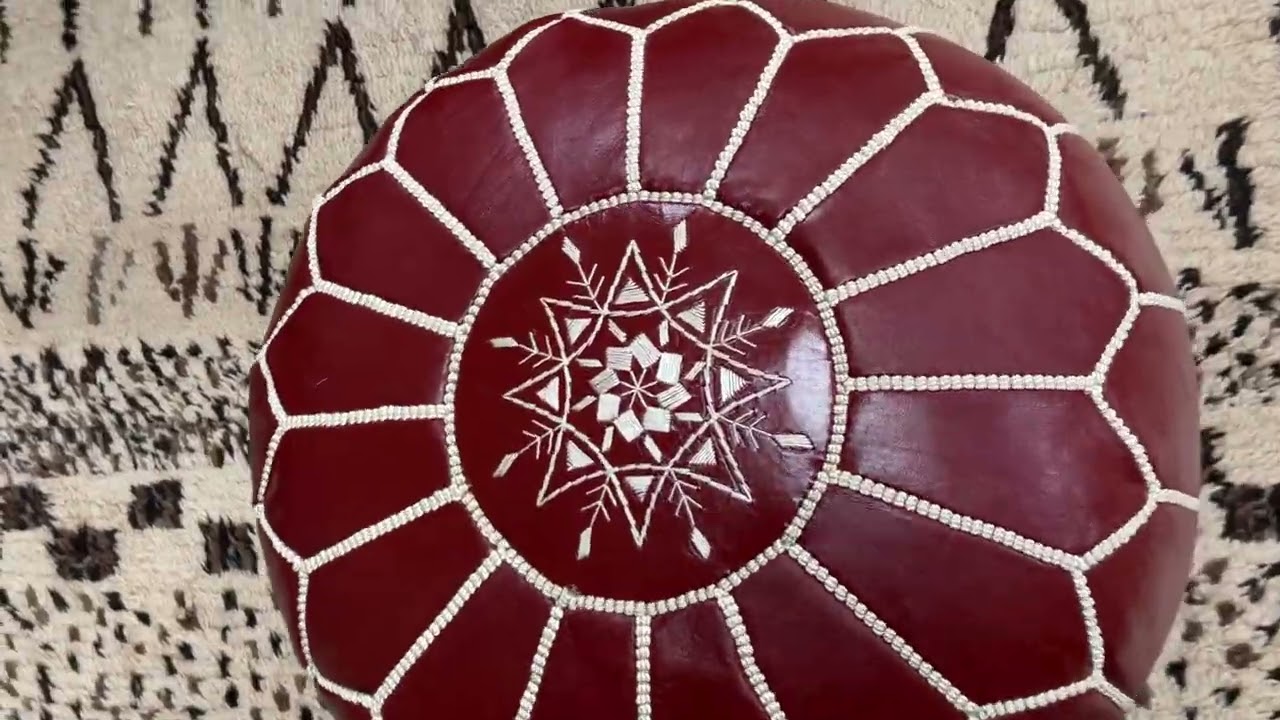 Kechart &ndash; Red Leather ottoman, pure leather moroccan pouf, round footstool, leather pouf cover