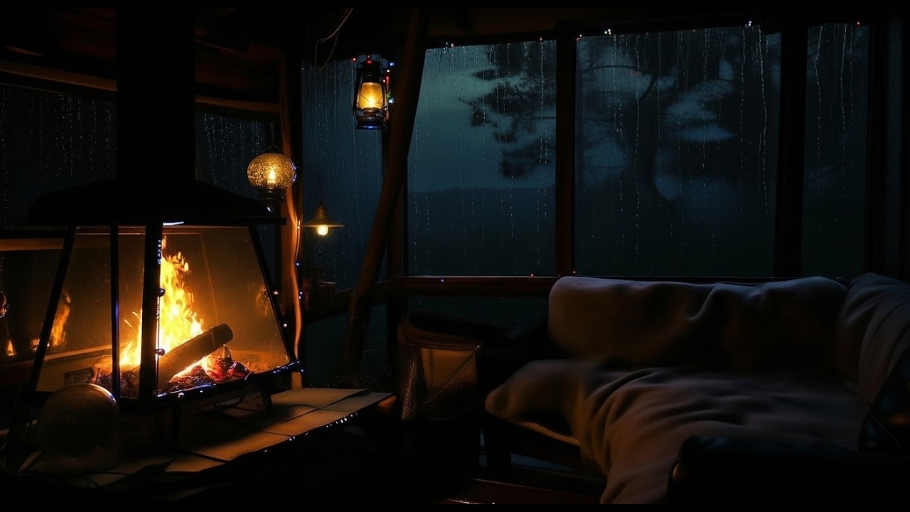 Cozy Night and Rain Sounds with Crackling Fireplace in Cozy cabin to Relaxation