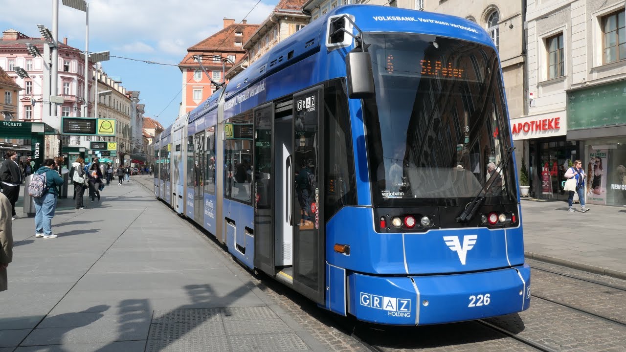 Austria: Graz, a line 6 tram leaves Hauptplatz towards St. Peter