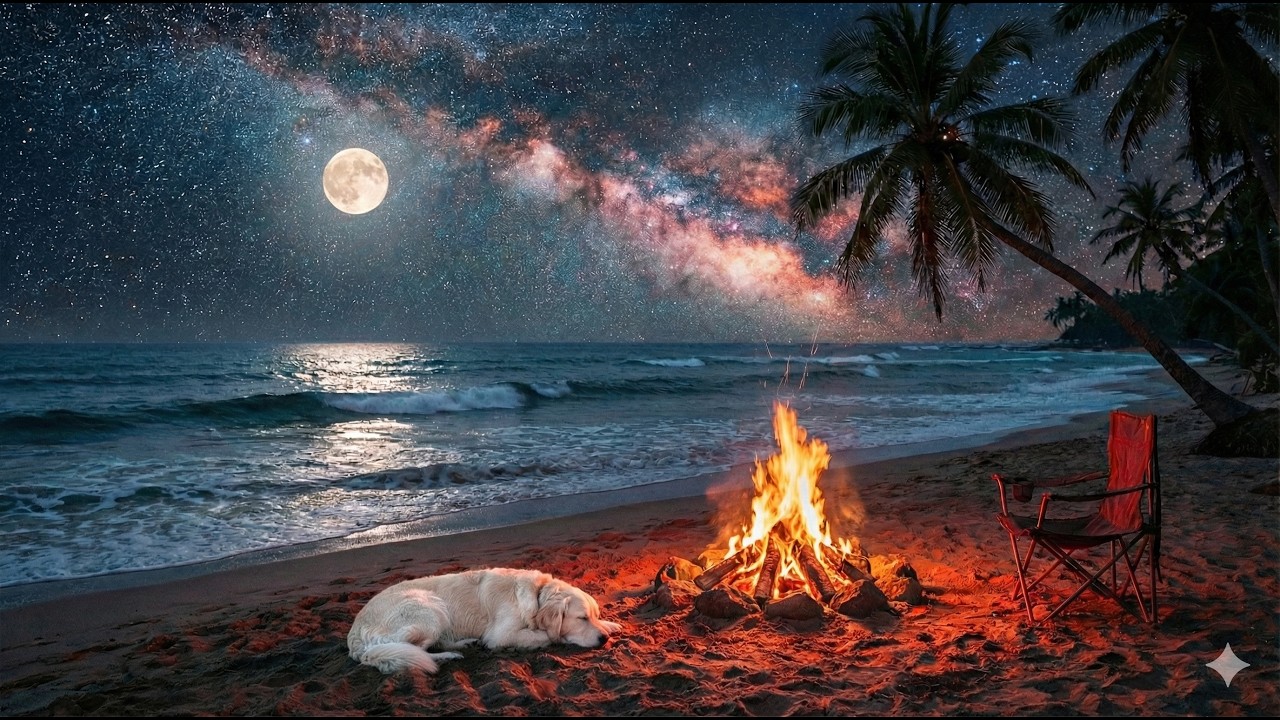 Глубокий Сон у Океана 🔥🌊 Уютный Костёр на Пляже и Сонная Собака