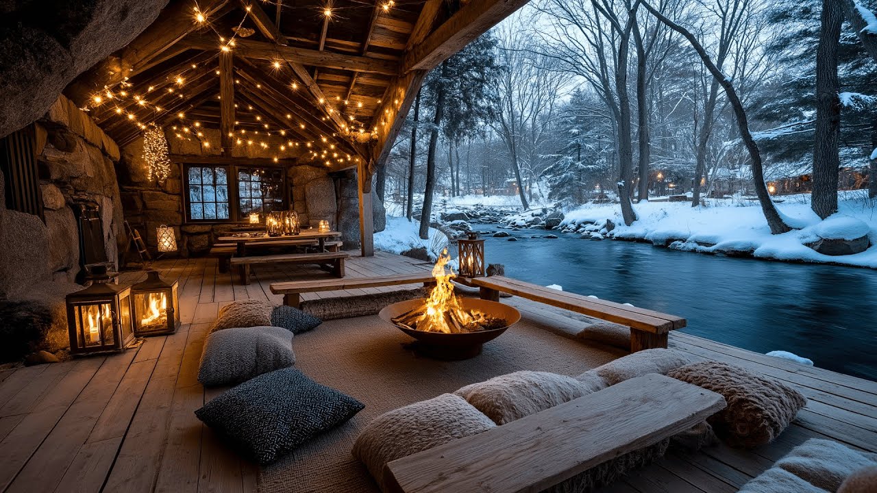 Your New Favorite Riverside Porch Winter Snowfall Firepit & Nature Sounds Ambience